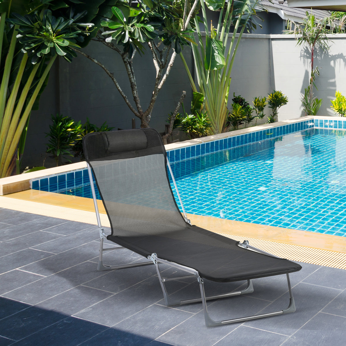 Bain de soleil transat chaise longue inclinable pliable avec oreiller dossier réglable sur 5 niveaux noir-9