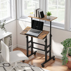 Bureau assis debout bureau réglable en hauteur 60 x 60 cm à roulettes avec plateau inclinable cadre métal brun rustique-9