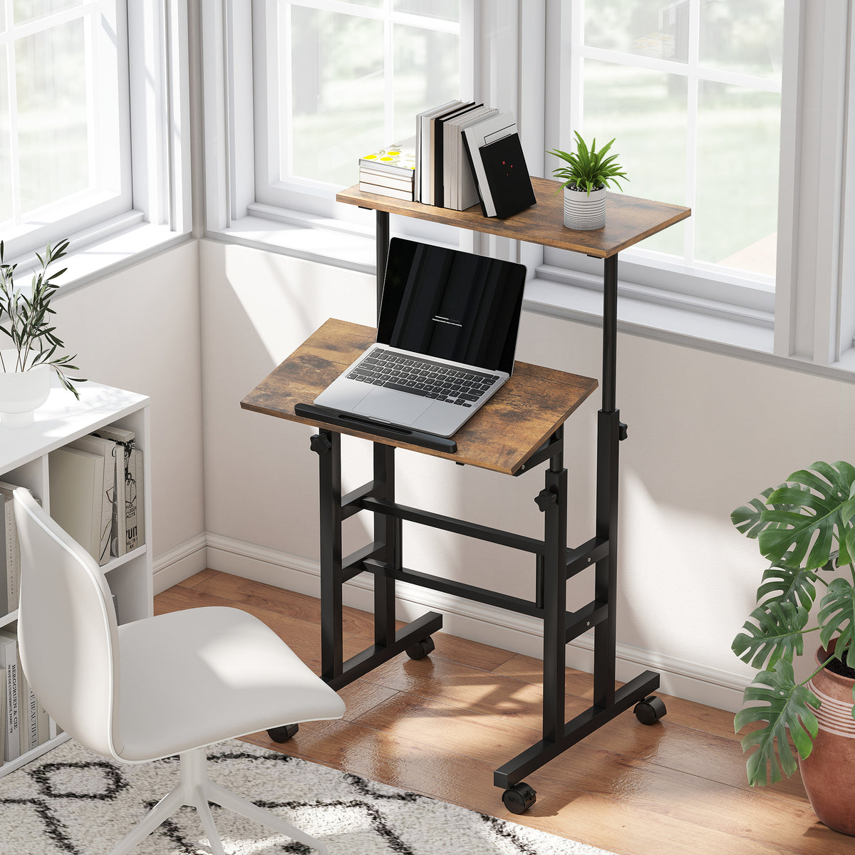 Bureau assis debout bureau réglable en hauteur 60 x 60 cm à roulettes avec plateau inclinable cadre métal brun rustique-9