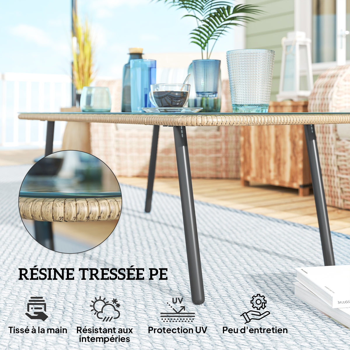 Table basse de jardin avec plateau verre trempé 5 mm, table d'appoint pour extérieur, cadre en acier, effet bois naturel-3