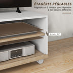 Meuble TV sur roulettes avec 2 Freins - 2 niches + Placard Porte 2 Passe-Fil - en bois Blanc chêne Clair-6