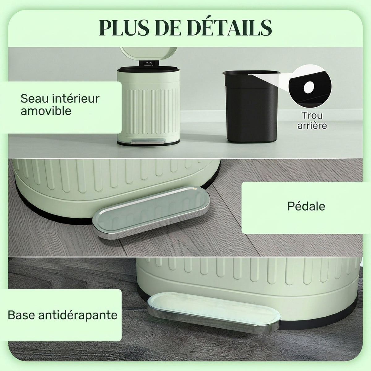Poubelle de cuisine poubelle à pédale 20L couvercle à fermeture douce seau intérieur amovible 36,5 x 31,2 x 45 cm vert-6