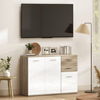 Buffet salon, meuble de rangement avec 2 tiroirs, 3 portes et étagère réglable, 106 x 35 x 76 cm, blanc et bois naturel-6