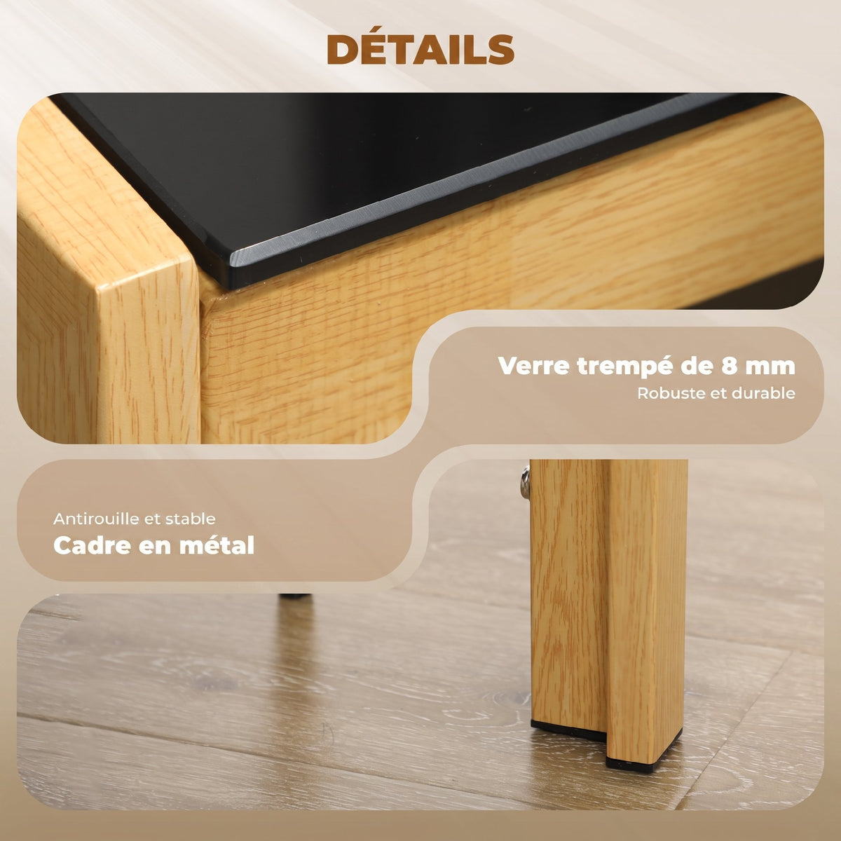 Ensemble Table à Manger avec 4 Chaises en Cuir Synthétique, Plateau Rectangulaire en Verre Trempé, 120x70x75cm, Naturel-6