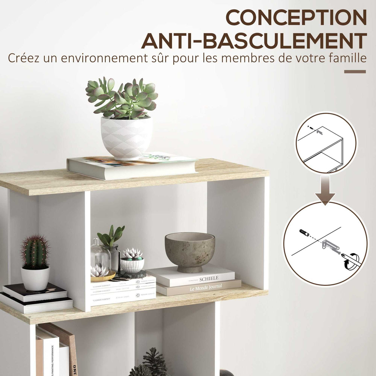 Bibliothèque style scandinave meuble de rangement 5 étagères anti-basculement Charge 25 kg aspect bois & Blanc-5