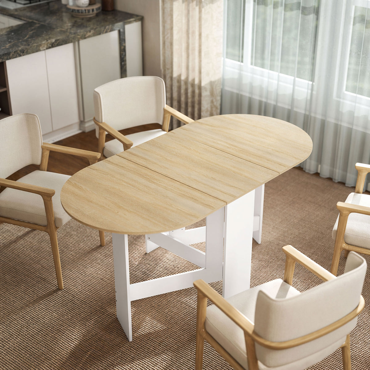 Table à manger pliante, table pliante cuisine ovale jusqu'à 6 personnes, pour petits espaces, salle à manger, bois naturel-1