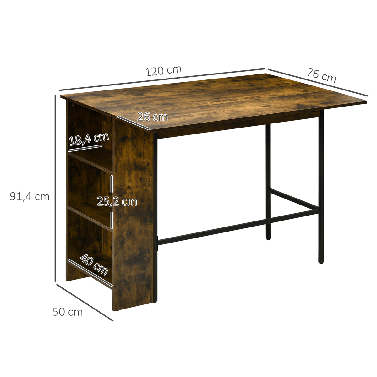 Ilot centra table de bar plateau latéral rabattable et 3 étagères 120 x 76 x 91,4 cm Brun Rustique-2