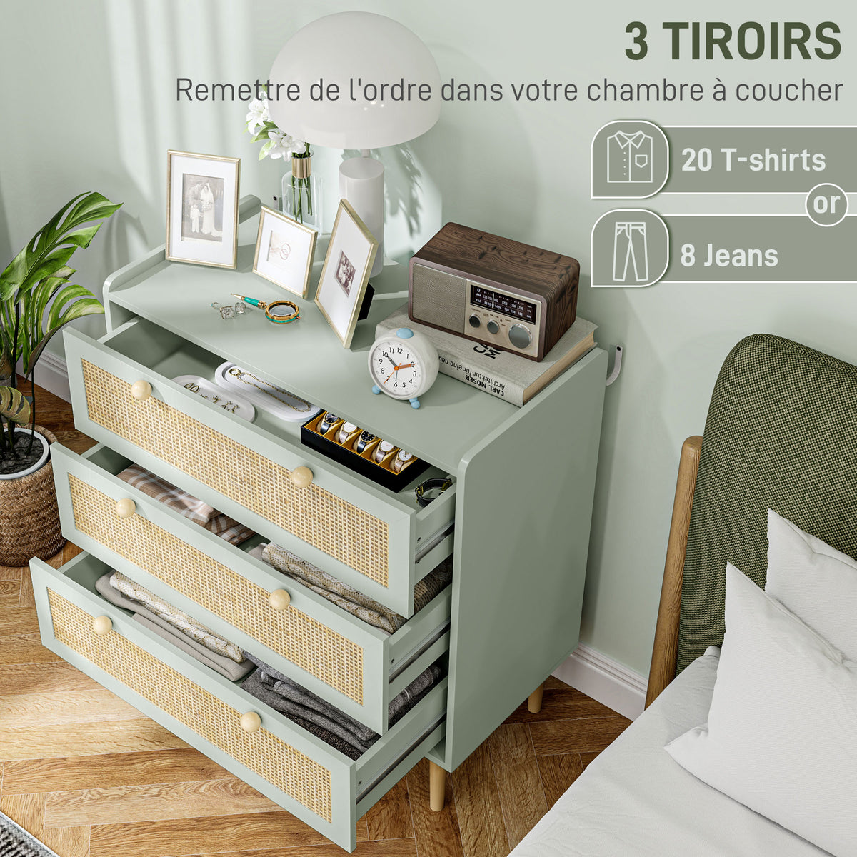 Commode design bohème en rotin avec 3 tiroirs, meuble de rangement pour le salon, le couloir, l'entrée, vert olive-3