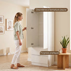 Armoire Chambre Penderie avec 2 Tiroirs, 2 Portes à Fermeture Douce et Barre de Suspension, 60 x 47 x 180 cm, Blanc-5