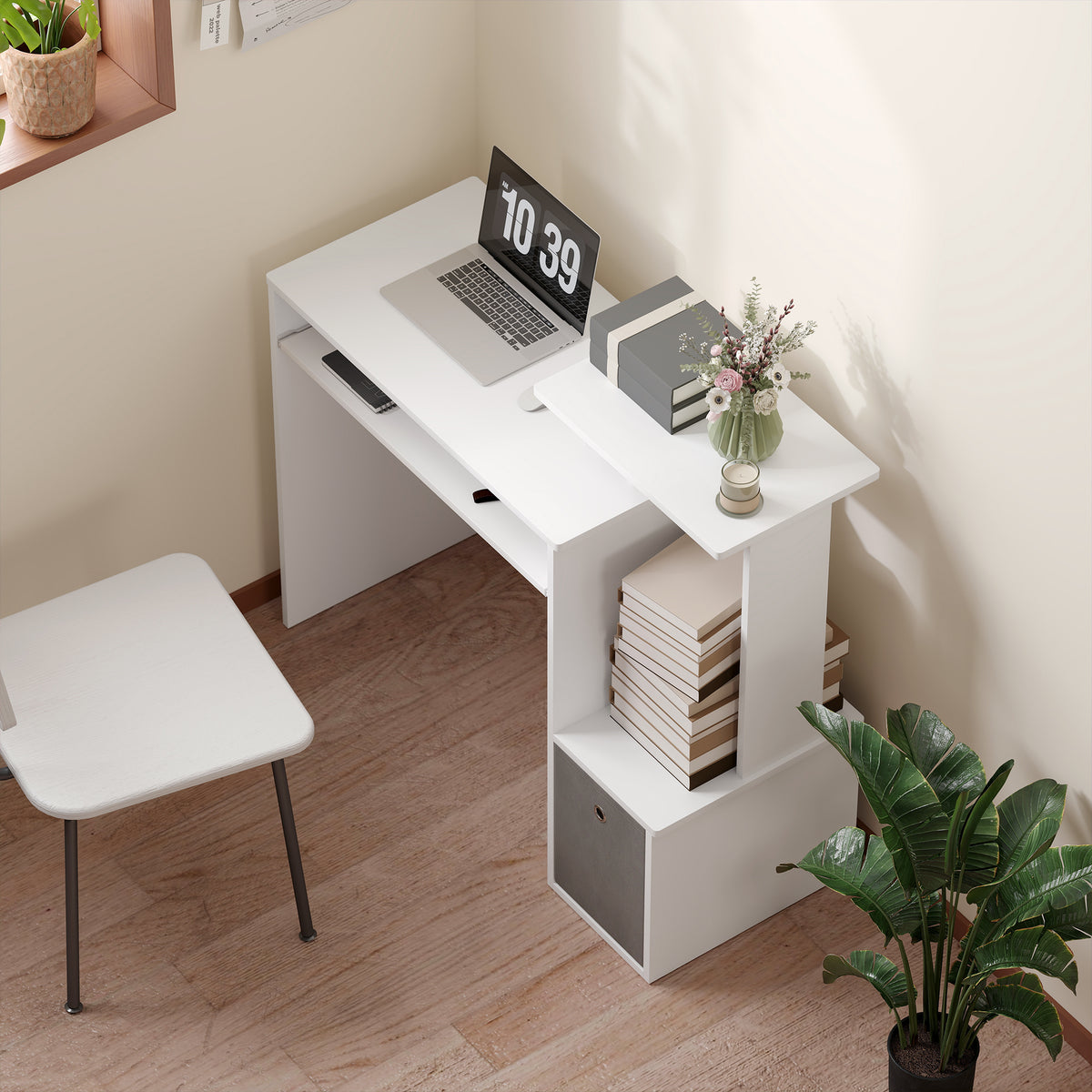 Bureau Informatique multimédia étagères Tablette Clavier Panier Gris Panneaux Particules Blanc-7