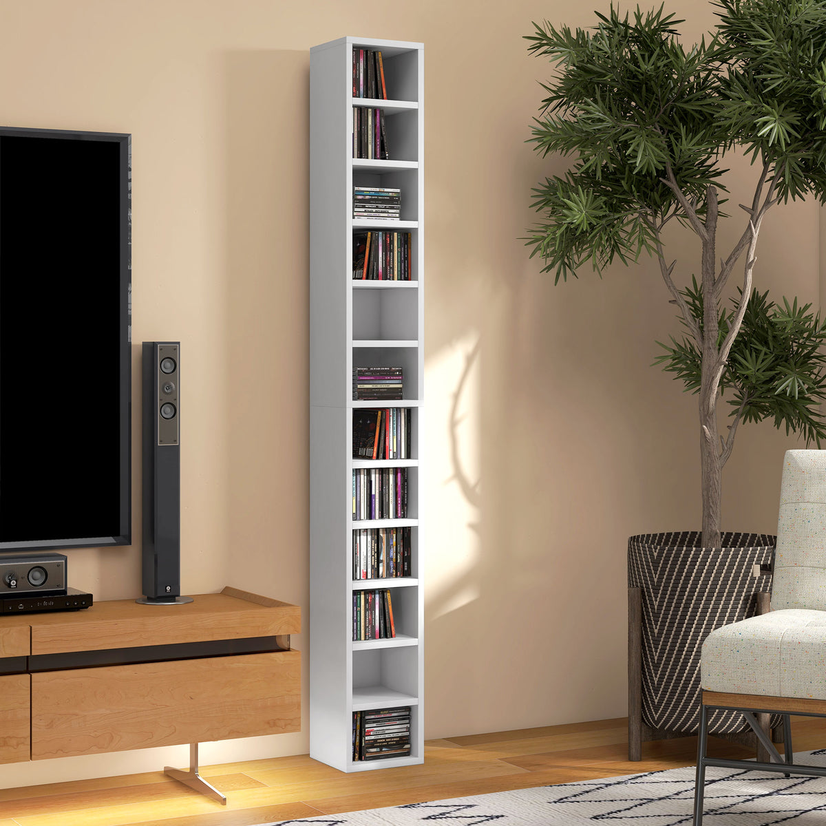 Rangements pour CD et DVD avec 12 compartiments, capacité max. 204 CD, 21 x 20 x 175 cm, blanc-8
