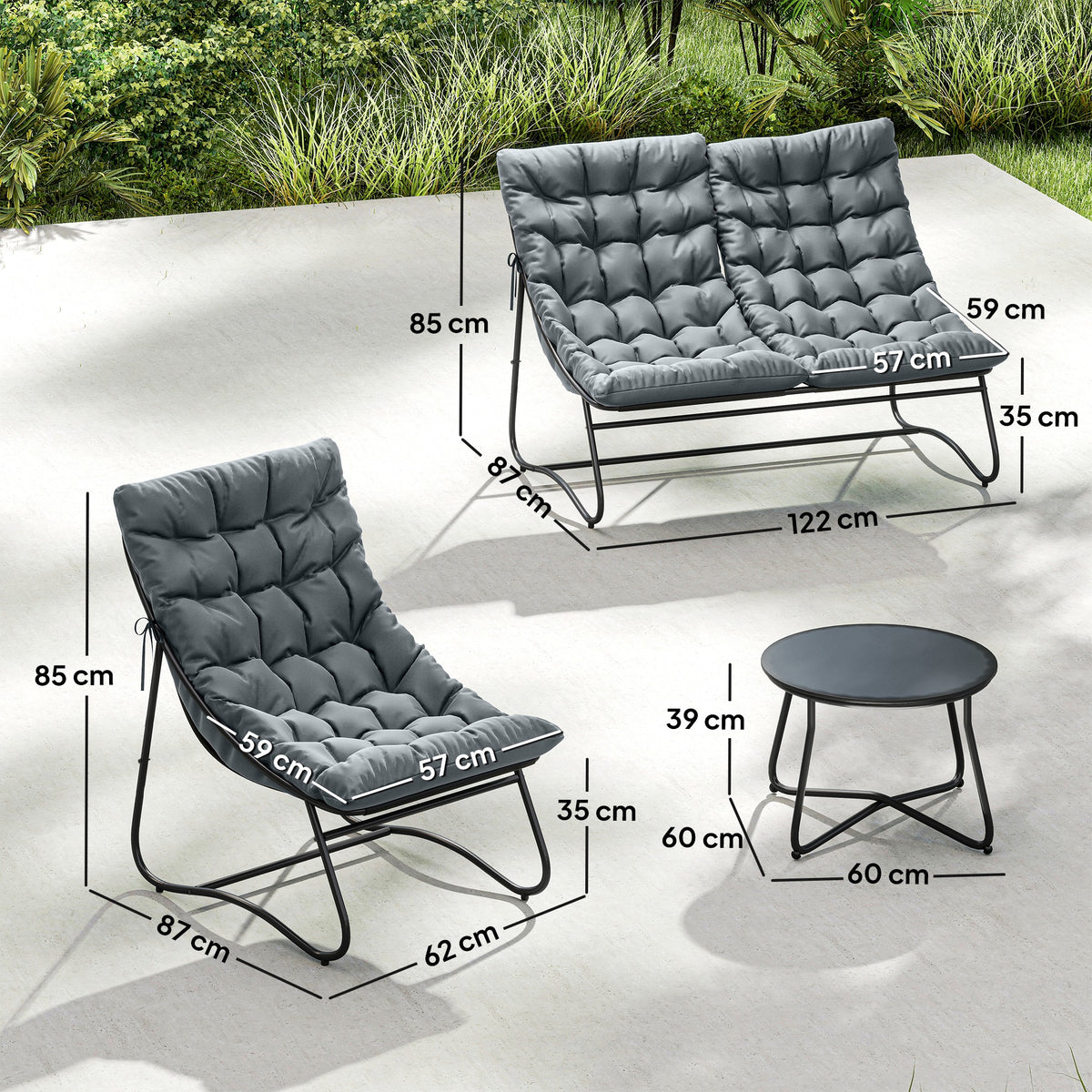 Salon de Jardin 4 Pièces avec Coussins Épais 8cm Ensemble Mobilier Extérieur en Acier et Textilène Respirant Gris-2