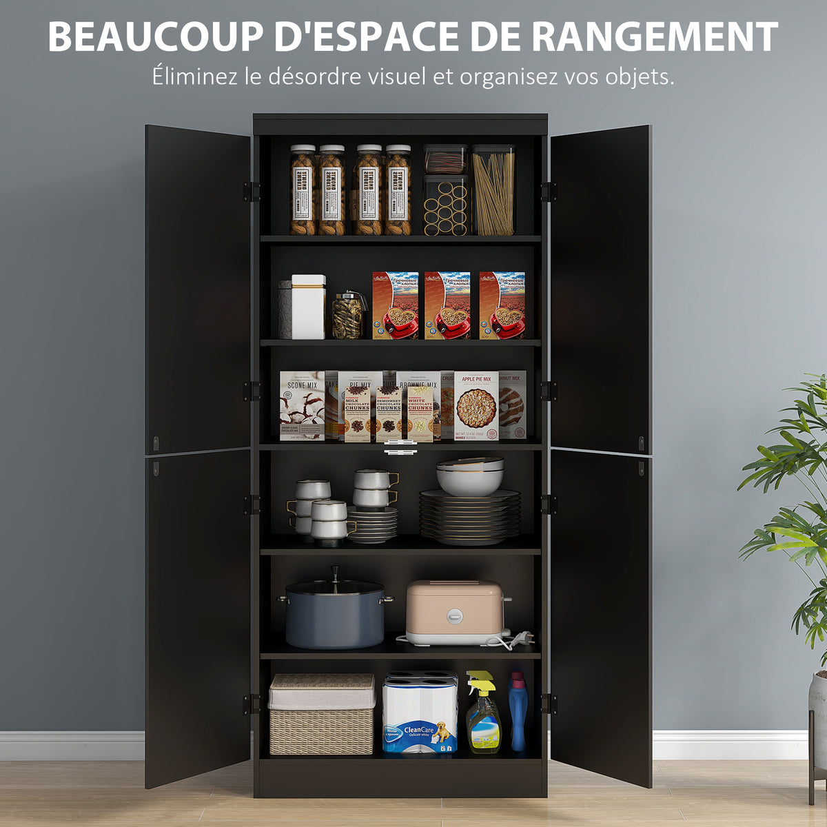 Buffet haut cuisine, armoire de cuisine avec 4 portes à 6 niveaux et étagères réglables, 76 x 40 x 176,7 cm, noir-3