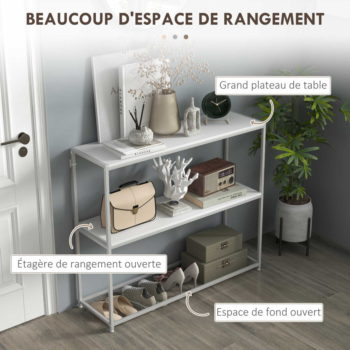 Table console en acier 2 étagères design moderne pour salon entrée couloir 100 x 30 x 87 cm blanc-3