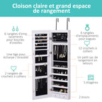 Armoire à bijoux suspendue au mur ou à la porte avec miroir, LED, 5 étagères, 2 tiroirs, 37x10x120cm, effet bois grisé-5