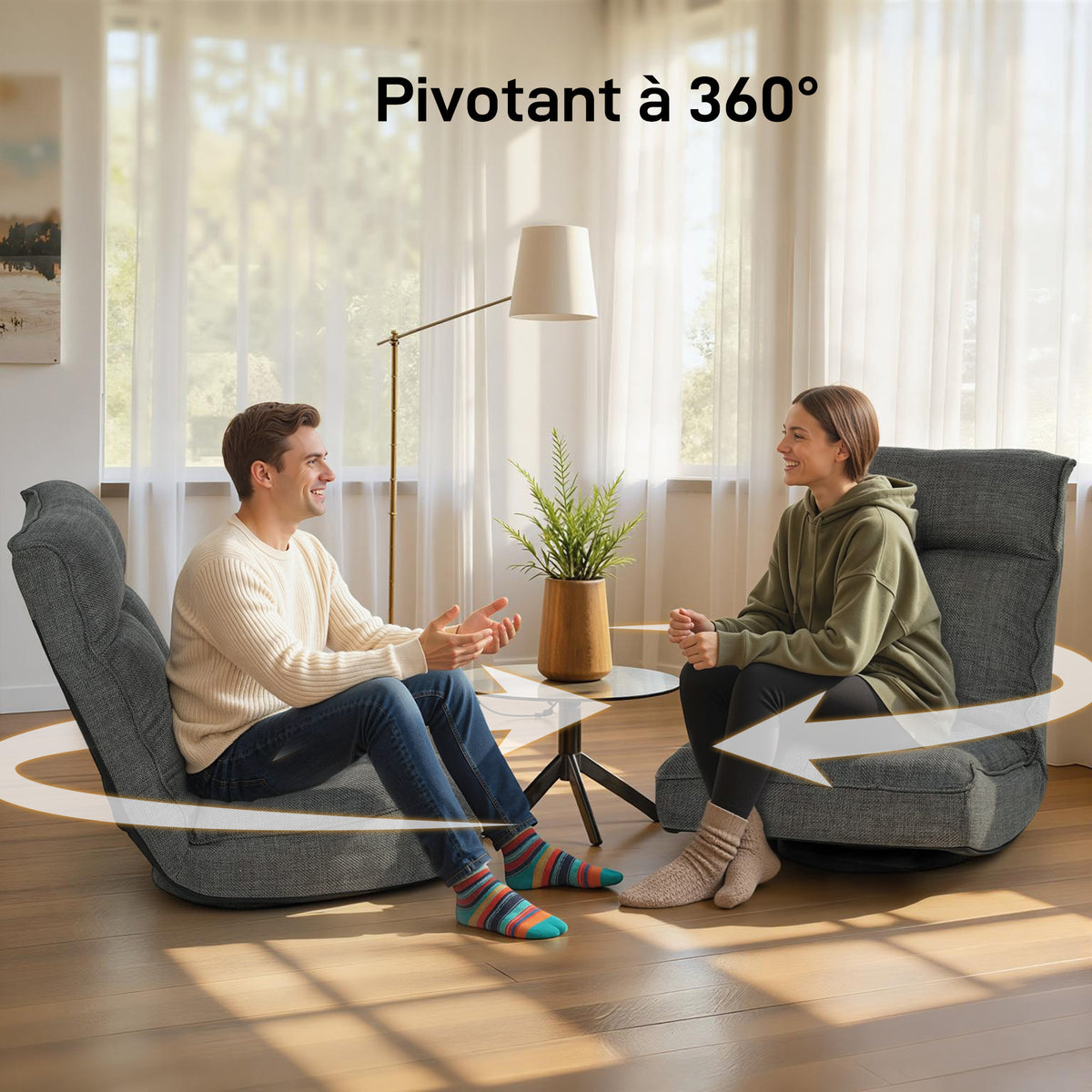Fauteuil de sol pliable pivotant à 360°, chaise de sol rembourré avec dossier réglable en 5 positions, 58x107x79cm, gris-6