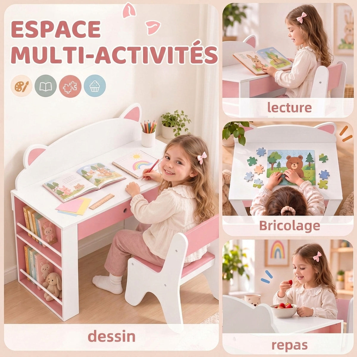 Bureau et Chaise pour Enfant 2 Pièces, Ensemble Table d'Activité, Tiroir, Bibliothèque pour Dessin, Lecture, Blanc Rose-3