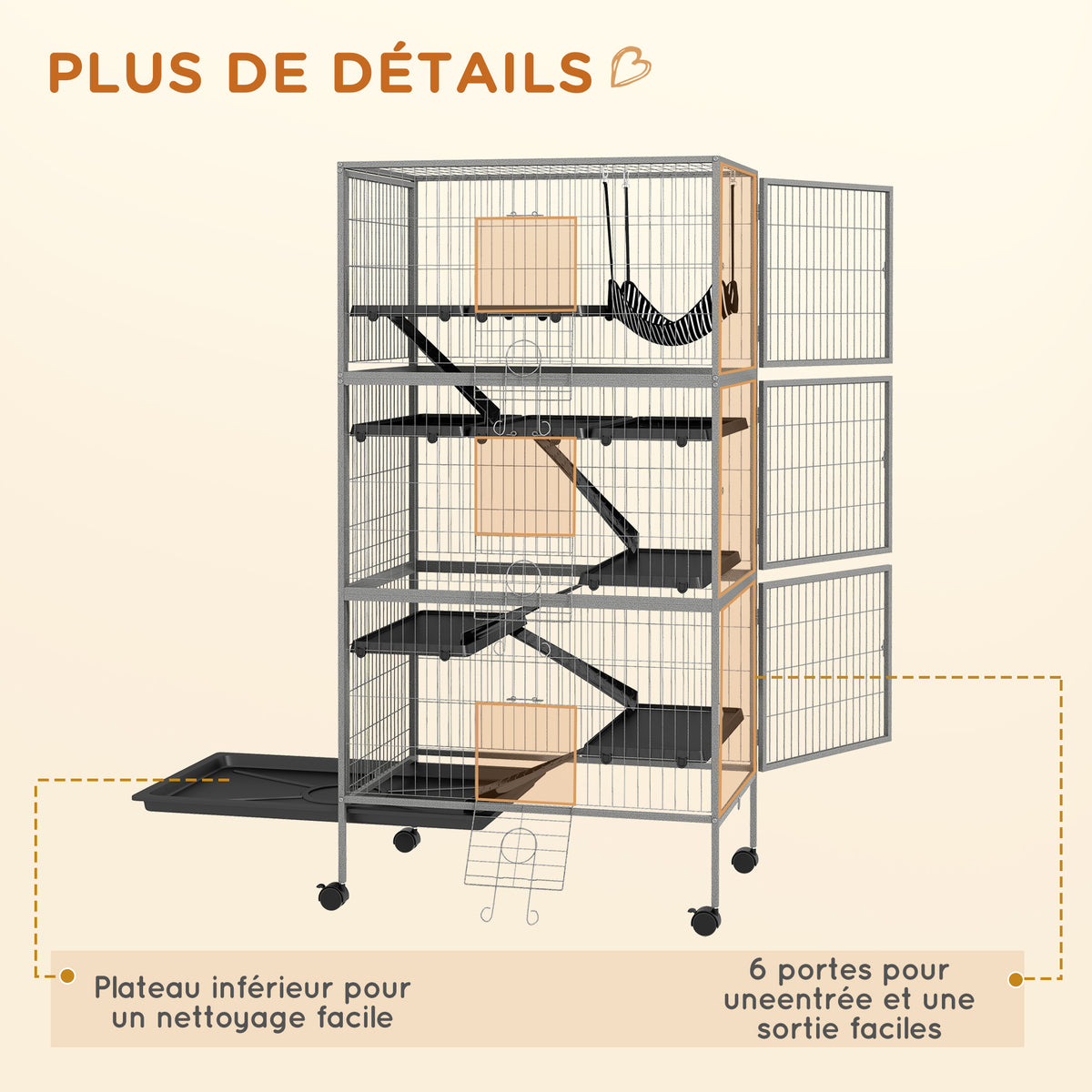 Cage pour rongeurs multifonction 4 plateformes 3 rampes 4 portes dim. 80L x 52l x 159H cm acier gris argenté noir-6
