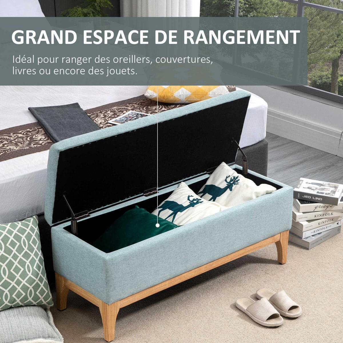 Banc de rangement, coffre de rangement avec couvercle amovible style scandinave, bout de lit en tissu lin, 110 x 39 x 45 cm, vert clair-3