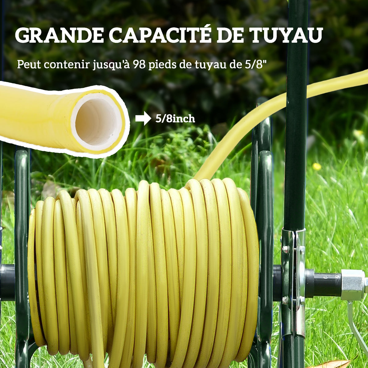 Dévidoir de tuyau d'arrosage sur roues capacité 30 m de tuyau de Ø 16mm dévidoir chariot enrouleur métal vert-3