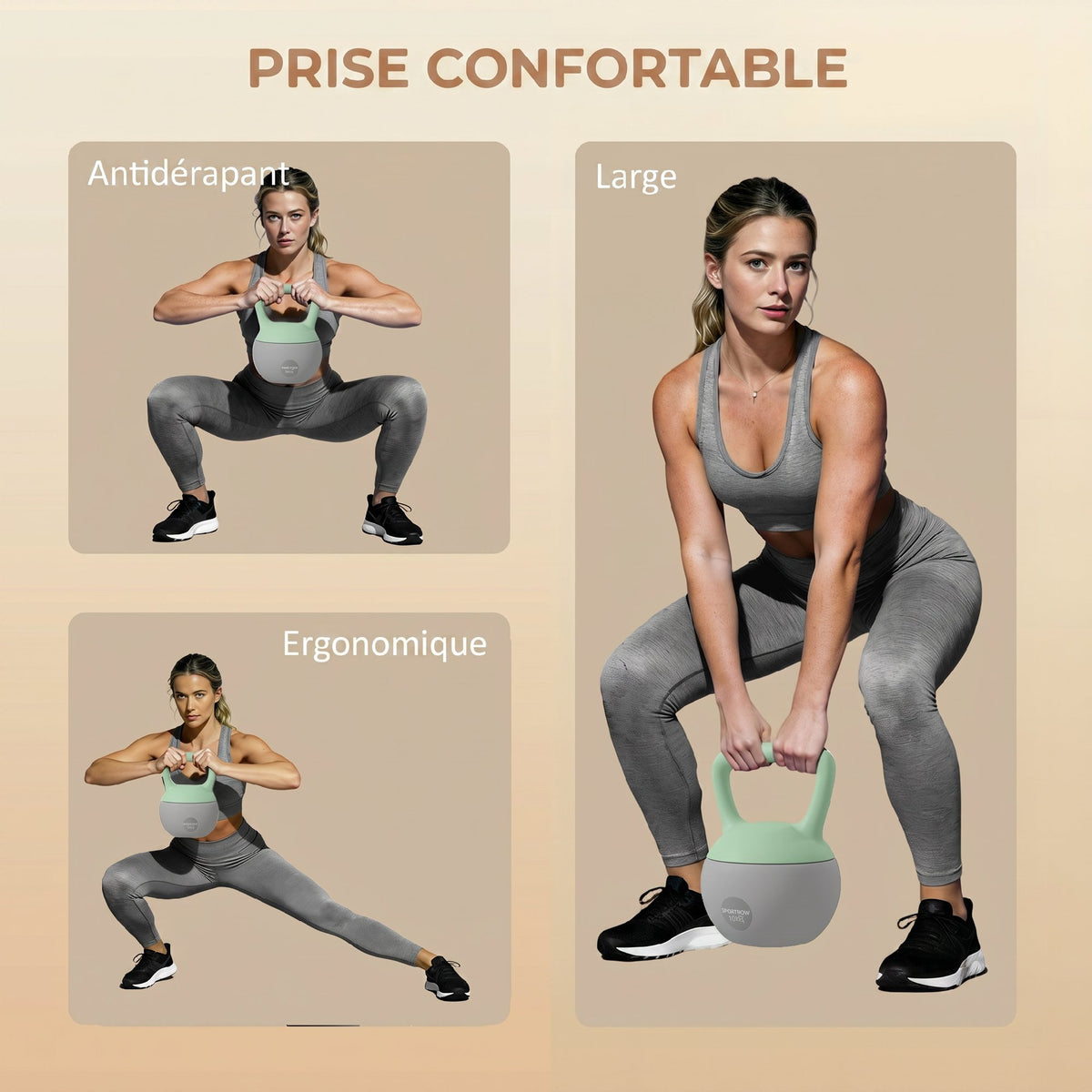 Kettlebell 10kg Haltère avec Poignée Antidérapante pour Fitness Musculation Cardio, Gris et Vert-4