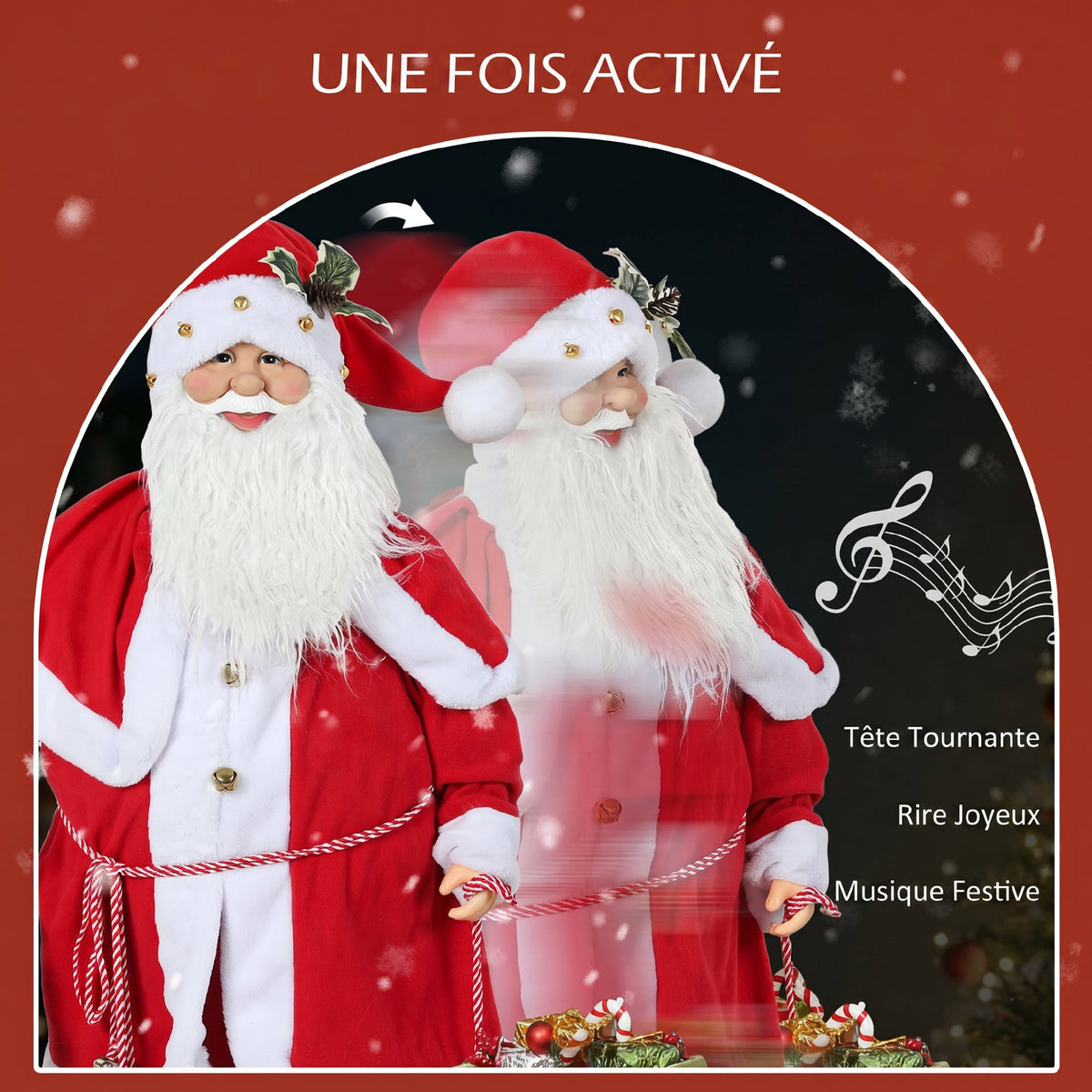 Figurine de Père Noël, Debout de Père Noël Rouge Traditionnelle 140 cm avec Sac de Cadeaux, Effets Sonores et Cloche-4