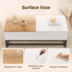 Table Basse Extensible avec Plateau Coulissant, Table de Salon avec Rangement Caché et Pieds en Acier, Blanc-6