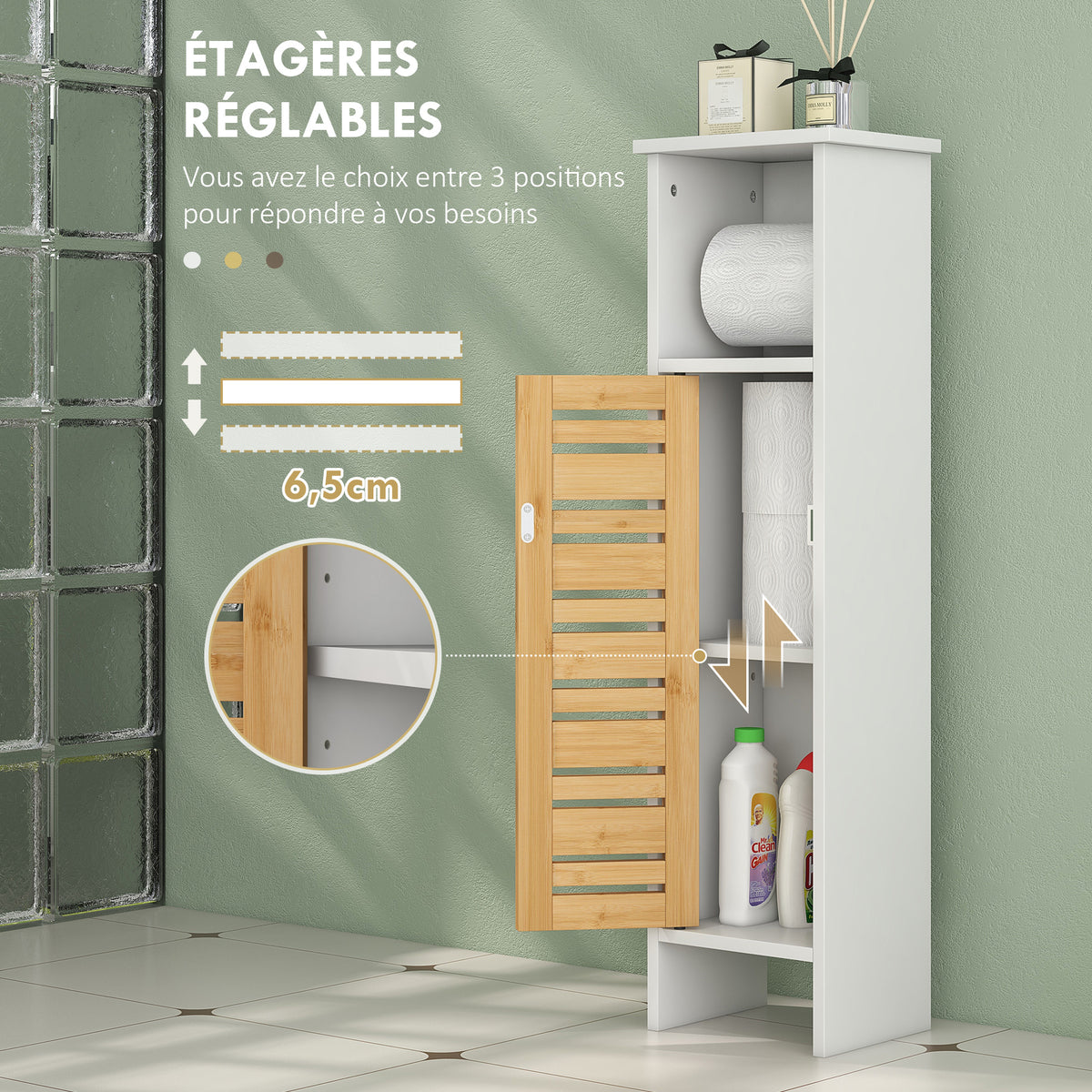 Meuble de salle de bain avec support papier toilette barre amovible 3 Niveaux + Sortie Papier, 78H cm, Bambou blanc-4