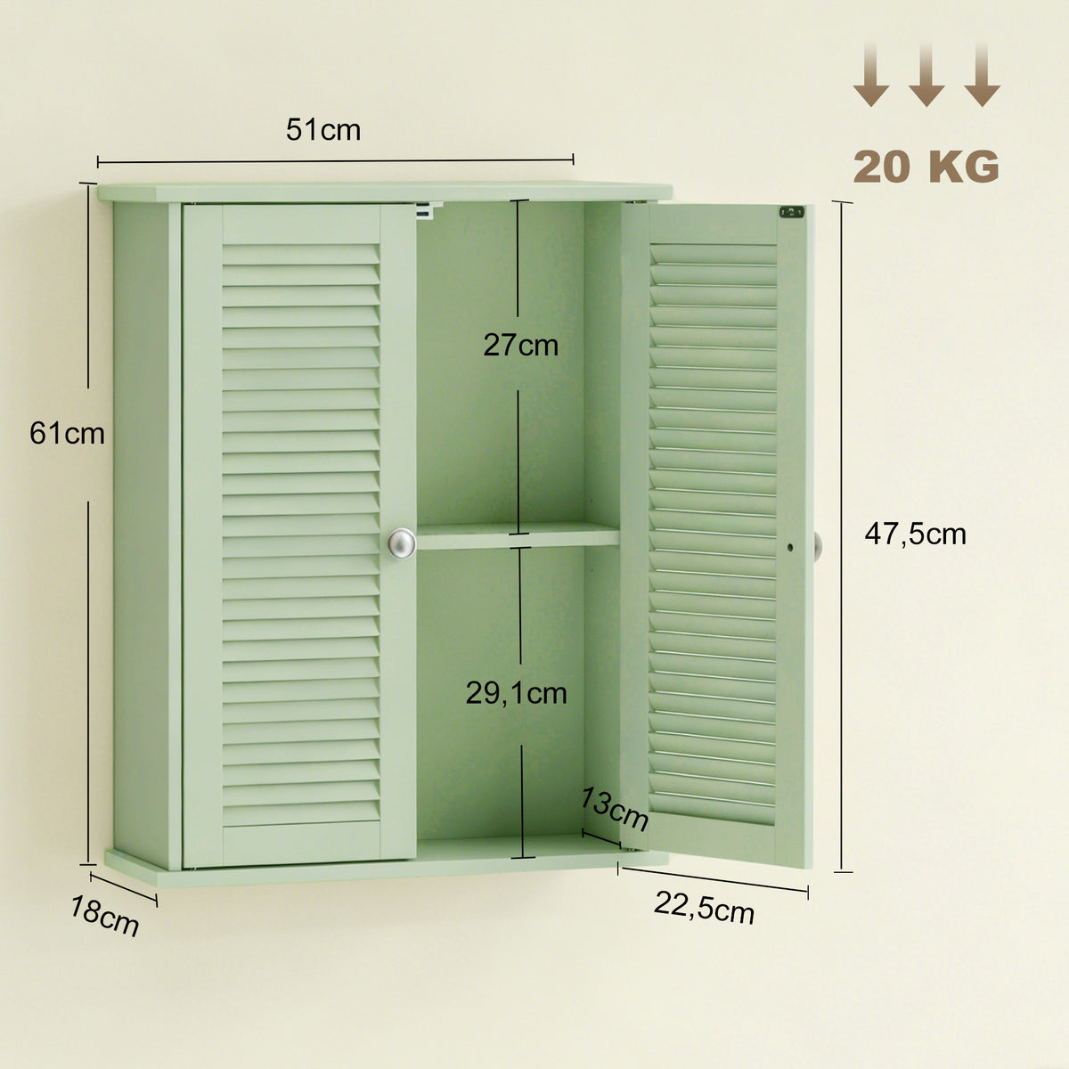 Armoire murale de salle de bain, meuble de rangement suspendu avec 2 portes persiennes et étagère réglable, vert-2