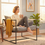 Fauteuil salon, fauteuil d'appoint rembourré en velours imprimé, large assise et structure en acier, 77x91x80cm, gris-6