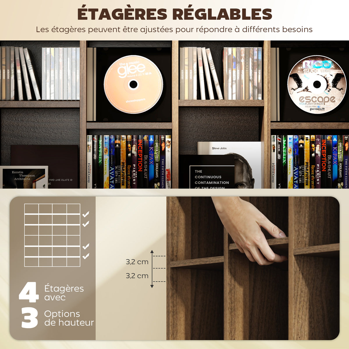 Meuble de rangement multimédia 456 CD/ 336 DVD - bibliothèque en bois avec étagères réglables, 89 x 130,5 cm, marron-4