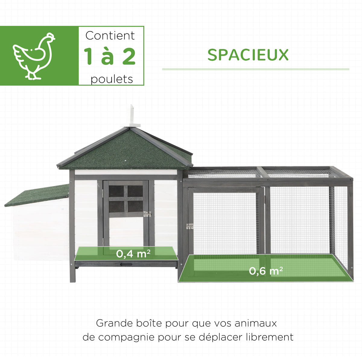 Poulailler cottage multi-équipement perchoir rampe pondoir enclos tiroir à déjection 196L x 76l x 97H cm bois massif pin gris blanc-3