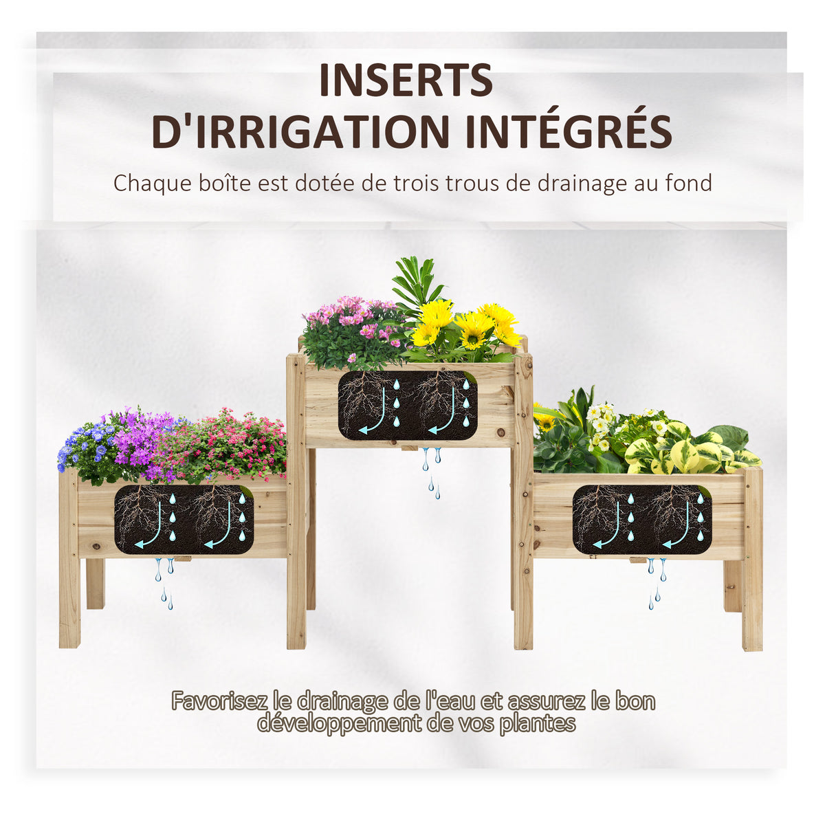 Jardinière sur Pieds carré Potager 2 étages dim. 184L x 45l x 80H cm Inserts d'irrigation Bois Sapin pré-huilé-4