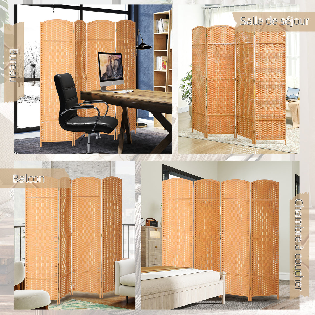 Paravent intérieur en bois 4 panneaux séparateur de pièce pliable pour salon chambre 180 x 180 cm brun clair-6