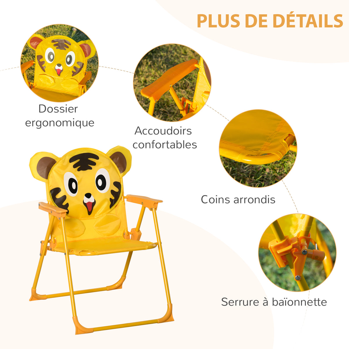 Ensemble Salon de Jardin Enfant 4 pcs Design Tigre - Table Ronde + 2 chaises Pliables + Parasol - métal époxy Oxford Jaune-5
