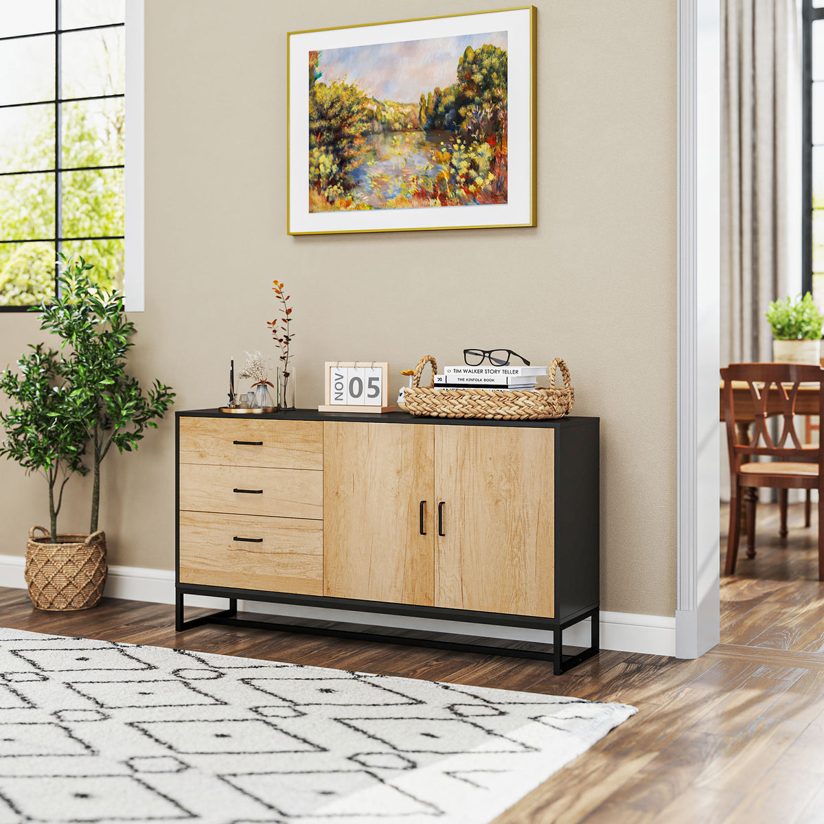Buffet salon meuble de rangement avec 3 tiroirs et étagère réglable, pieds en acier, poignées en alliage d'aluminium-9