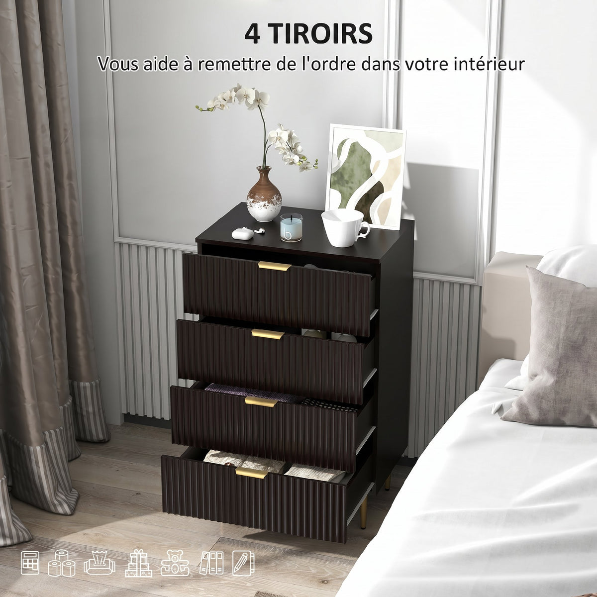 Commode 4 tiroirs commode chambre meuble de rangement moderne avec poignées et pieds dorés, dim. 60 x 40 x 96 cm, noir-3