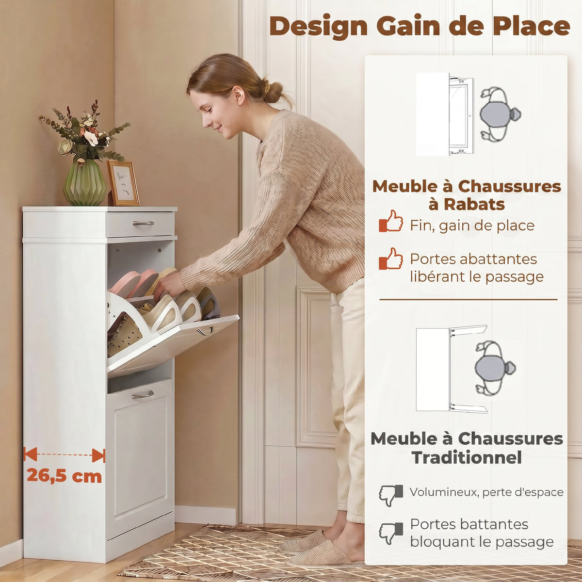 Meuble chaussure 8 paires, armoire à chaussures étroit avec tiroir et 2 portes abattants et étagère réglable, blanc-4