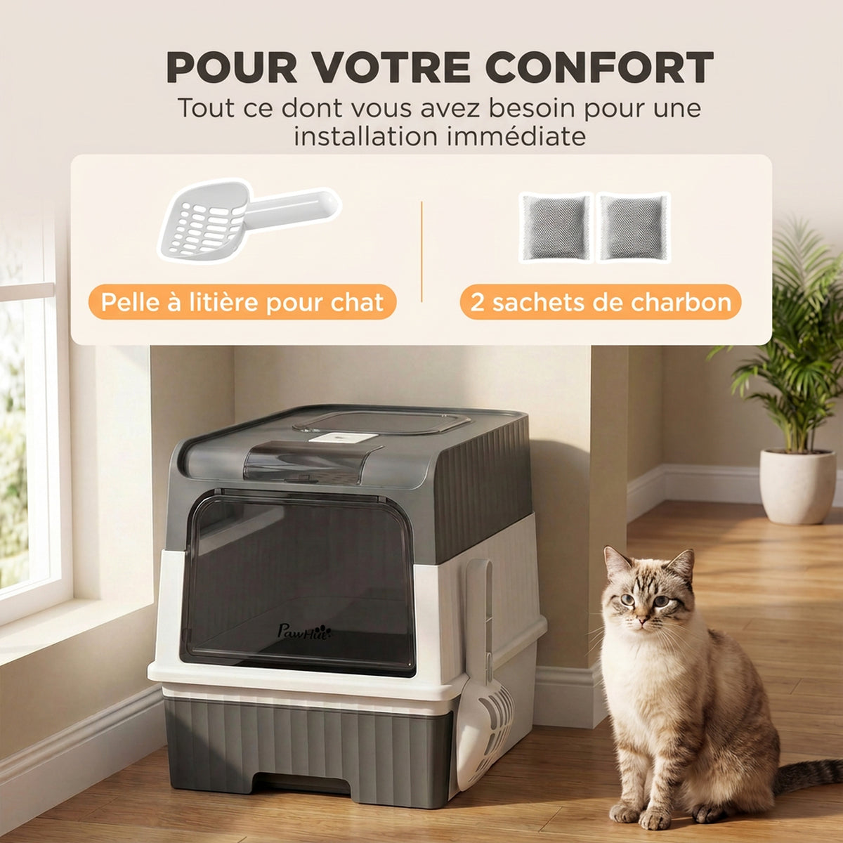 Maison de Toilette pour Chat avec Couvercle, Entrées, Plateau Coulissant, Pelle, Sachets Désodorisants, 48x35x36cm, Gris-6