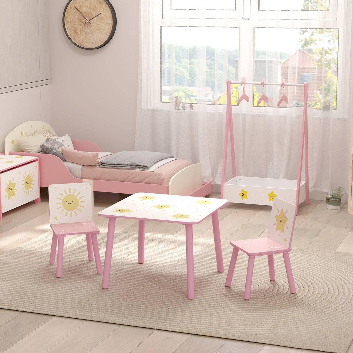 Table enfant avec chaise, ensemble table et 2 chaises enfant en bois, motifs d'étoile, 60 x 60 x 44 cm, rose-9