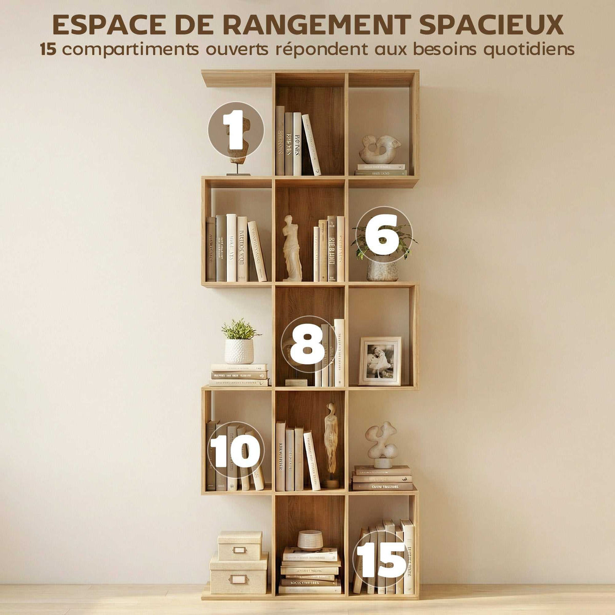 Bibliothèque à 5 niveaux, étagère de rangement en forme S avec 15 compartiments ouverts, 80 x 24 x 200 cm, chêne-4