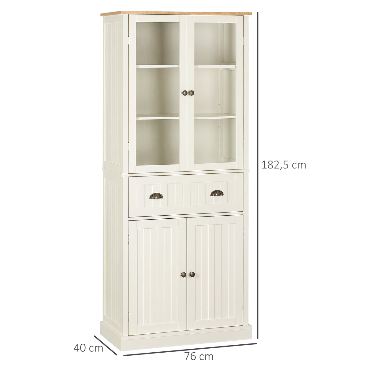 Buffet meuble cuisine rangement armoire de cuisine 4 portes dont 2 portes vitrées et 1 tiroir hauteur 182,5 cm avec étagères réglables - beige-2