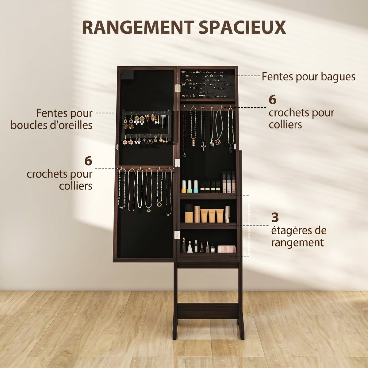 Armoire à Bijoux, Armoire de Rangement sur Pieds, Boîte à Bijoux avec Miroir Multi-Rangements Éclairage LED Marron Foncé-3