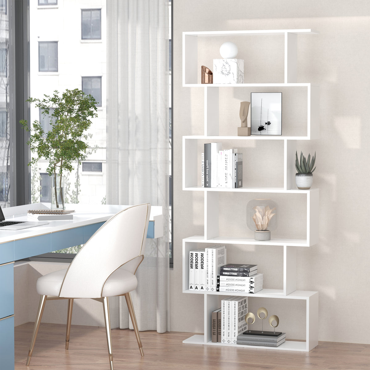 Bibliothèque étagère Zig zag Design Contemporain 80L x 23l x 192H cm 6 Niveaux Blanc-9
