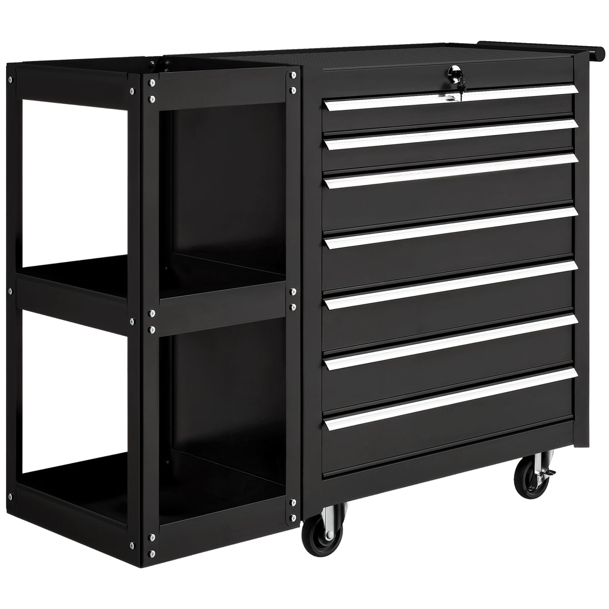 Servante d'Atelier en Acier à 7 Tiroirs, Chariot à Outils sur Roulettes avec Étagère Latérale Amovible, Noir-0