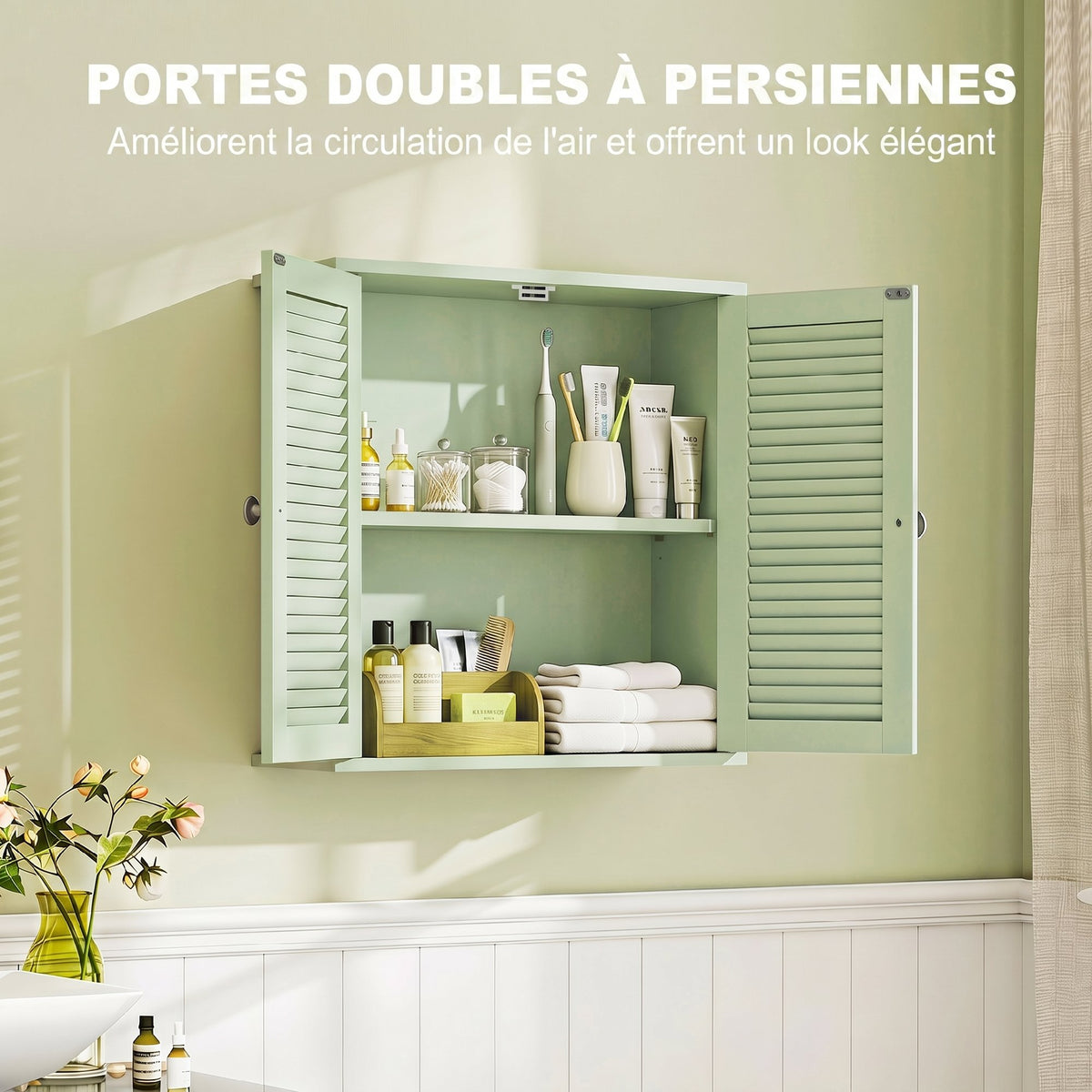 Armoire murale de salle de bain, meuble de rangement suspendu avec 2 portes persiennes et étagère réglable, vert-3