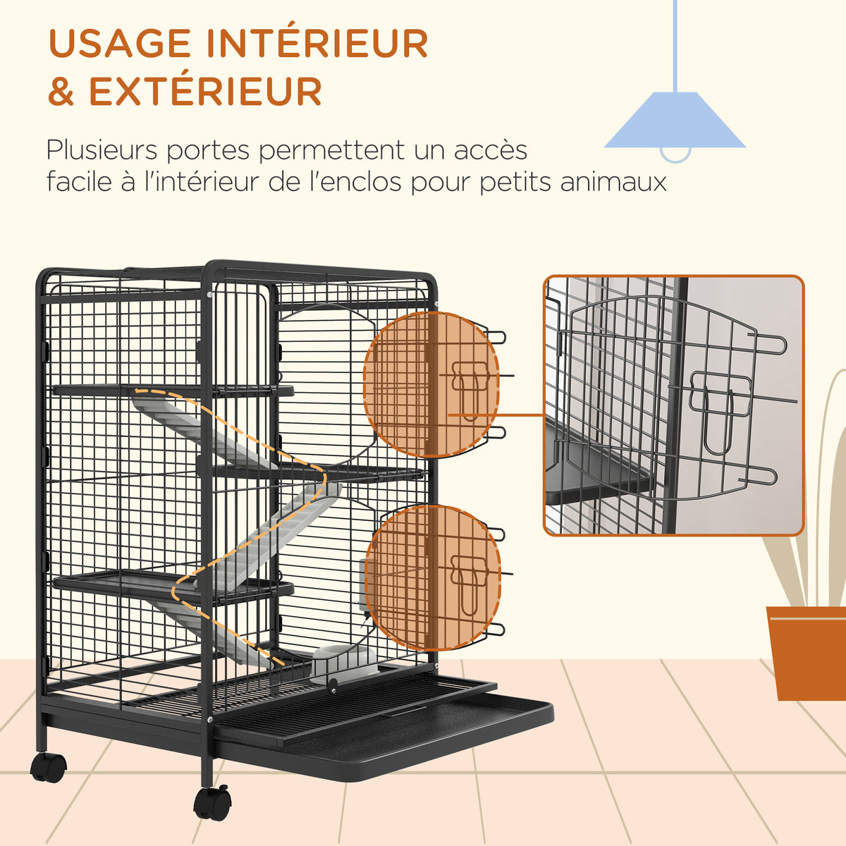 Cage pour rongeurs cage pour Petits Animaux Roulante 3 Rampes 3 Plates-formes Plat et Bouteille d'Eau Bac Inférieur Amovible pour lapin vison d'animaux chinchilla Acier PP 61,5x44x95cm Noire-6