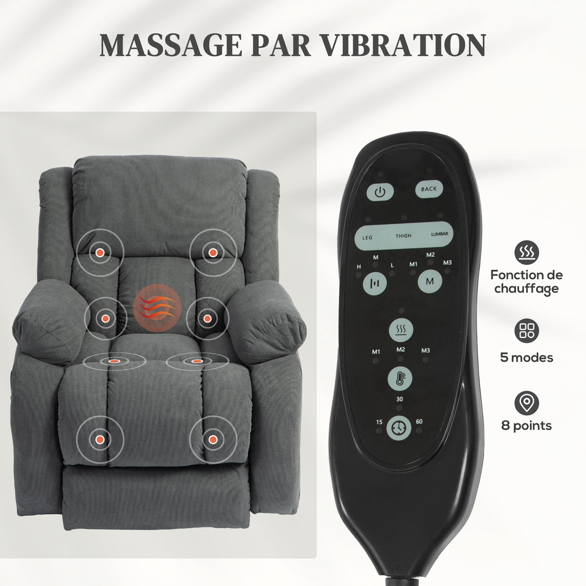 Fauteuil releveur électrique massage et chauffage avec repose-pied, dossier inclinable, télécommande et poche latérale-4
