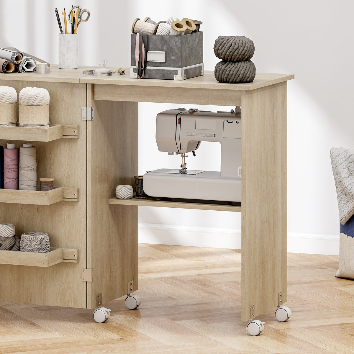 Table de couture pliante meuble couture à abattant avec bacs de rangement, étagère ouverte et roulettes, bois naturel-9