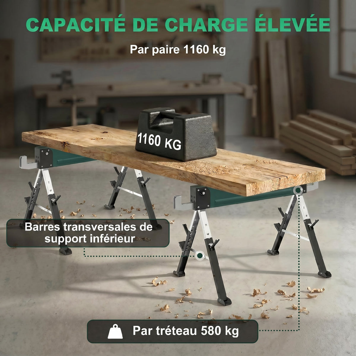 lot de 2 tréteaux pliables en métal, charge max 1160 kg, hauteur réglable 64-81cm, poignée de transport, vert-3
